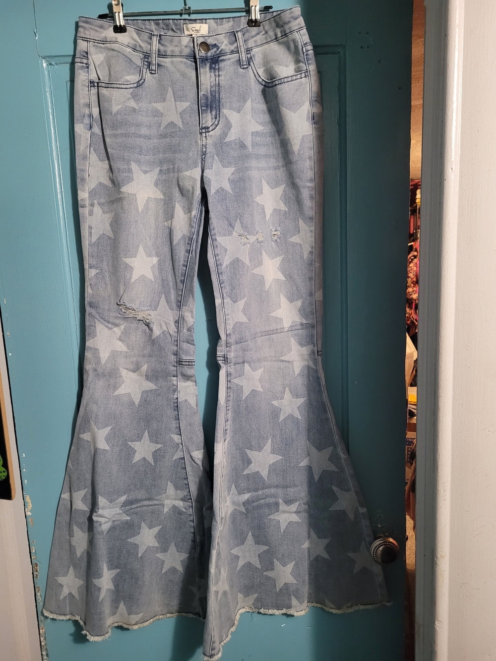 Women’s Light Blue Star-Print Bell Bottom Jeans